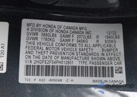 2023 Honda Civic Sport from USA, damaged, VIN 2HGFE2F54PH512801